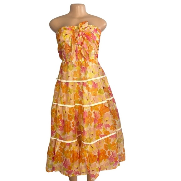 Lulus Sunlight Aura Orange Floral Strapless Tiered Midi Dress - Picture 5 of 11
